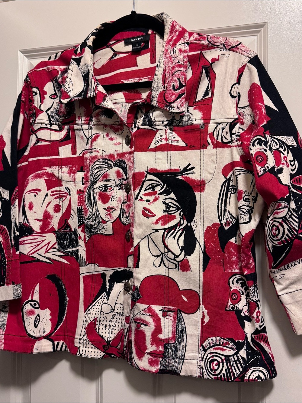 Kaktus Red Black White Artsy Picasso Button Down Illustrated Art Deco Jacket XL